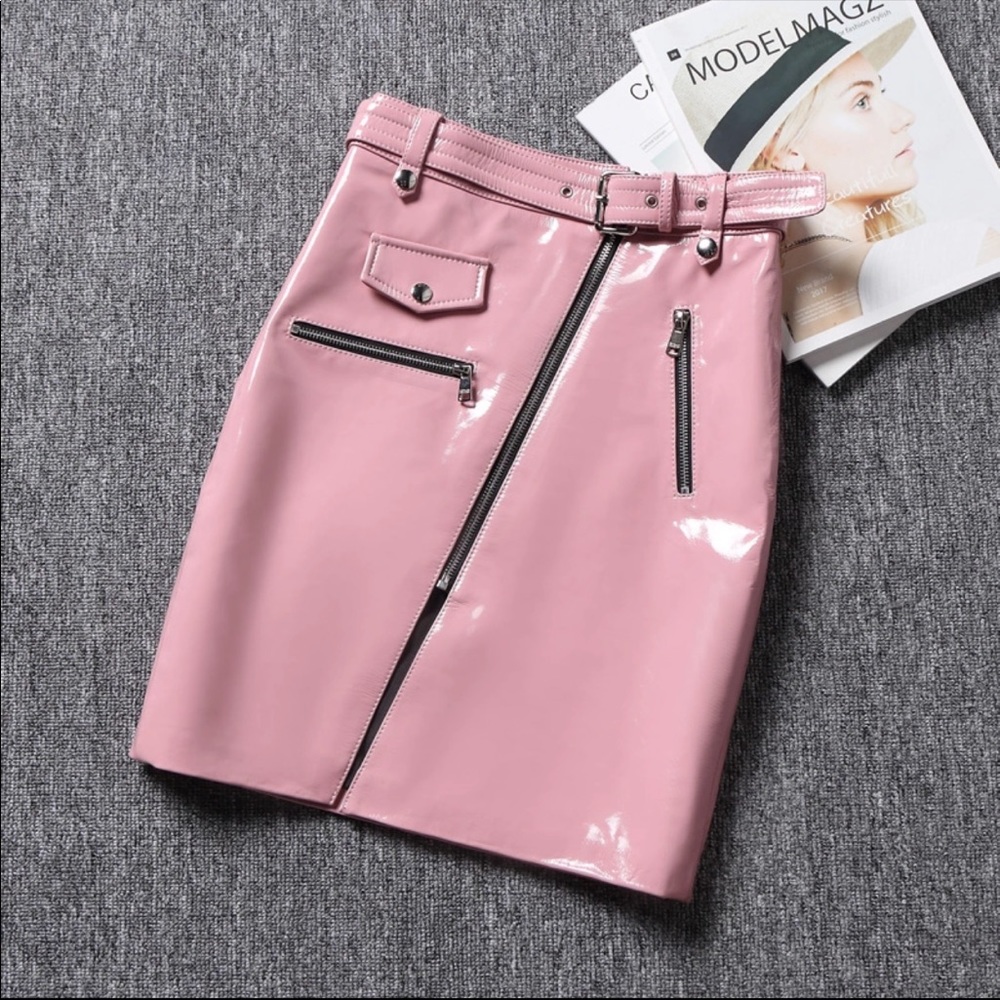 COPY - Light pink mini pencil leather skirt